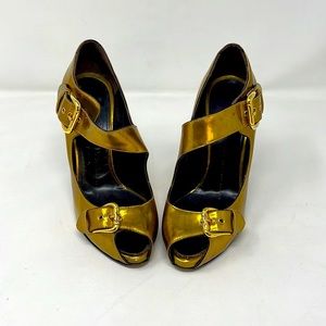 Giuseppe Zanotti Gold Leather Peep Toe Pumps Shoes Heels